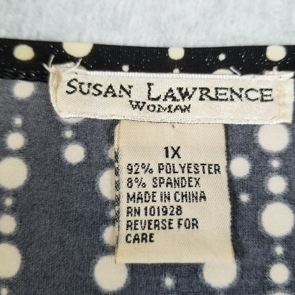 Susan Lawrence Top Womens 1X Plus Black Beige Polka Dot Bell Sleeve Blouse Fun - Picture 6 of 9